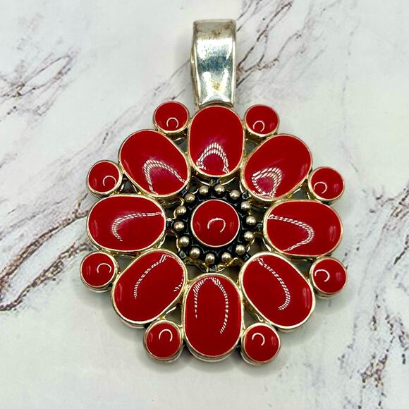 Premier Designs large reversible red and turquoise flower pendant - Picture 2 of 7